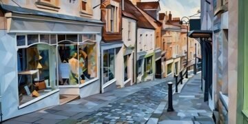 A shopping high street in an English village showing several retailers