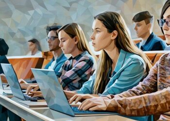 A group of students in a lecture theathre using their laptops to notes, as an example of how big the student market is