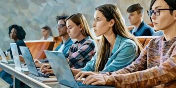 A group of students in a lecture theathre using their laptops to notes, as an example of how big the student market is