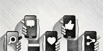 Cartoon hands holding mobile devices showing popular symbols for social media networks on phones