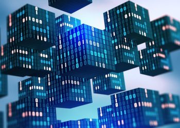 Visual representation of blockchain using cubes and binary