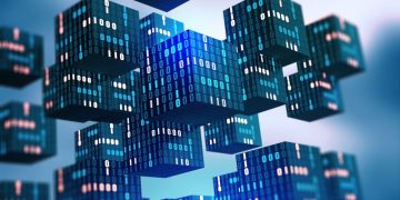 Visual representation of blockchain using cubes and binary