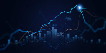 A block and line chart, showing how stocks and shares can rise