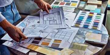 A series of colour swatches, office design diagrams and other documents spread out on the floor with a person picking them up as they choose what elements they want for their new office design