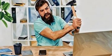 A home-worker taking a hammer to their computer out of frustration with working from home