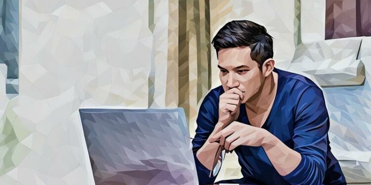 A man seriously focused on reading an article on his laptop