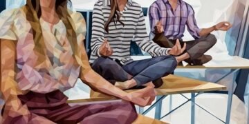 A group of healthy entrepreneurs meditating during the work day