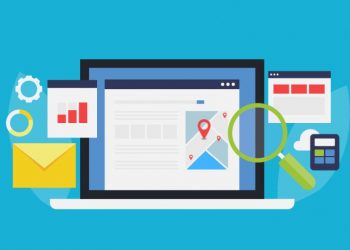 Google maps on a computer surrounding by local search symbols