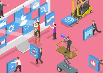 Cartoon people building a website