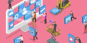 Cartoon people building a website