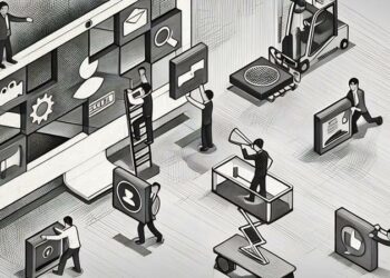 Cartoon people building a website