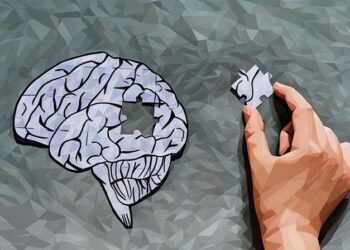 A diagram of a brain with a person holding a missing piece as a metaphor for repairing mental health