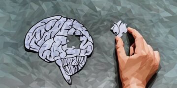 A diagram of a brain with a person holding a missing piece as a metaphor for repairing mental health