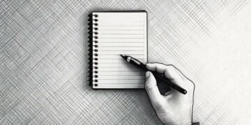 A hand with a pen next to a blank writing pad, showing how business plan writers block is a real thing