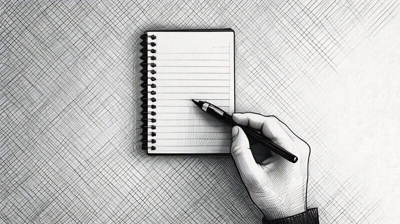 A hand with a pen next to a blank writing pad, showing how business plan writers block is a real thing