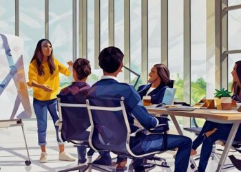 A team coming up with and debating an internal business plan