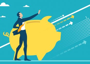 A piggy bank with a person standing next to it pointing to arrows going upwards representing the increase in his SEIS investment