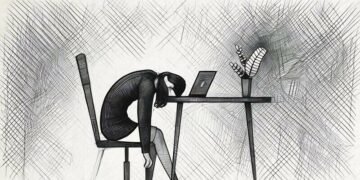 A female employee slumped at her desk at home, depressed and struggling to work from home