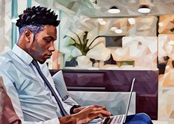 A person working on a couch with a laptop out of a co-working space due to his workplaces flexible working policy