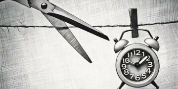 A flimsy thread about to be cut by scissors next to a ticking clock, symbolising how precarious things are for entrepreneurs relief as a tax relief in the short temr