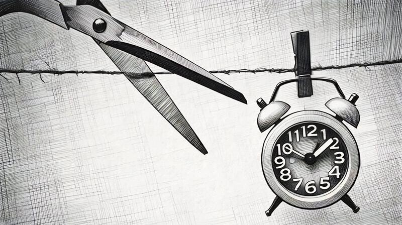 A flimsy thread about to be cut by scissors next to a ticking clock, symbolising how precarious things are for entrepreneurs relief as a tax relief in the short temr