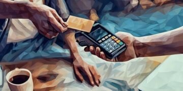 An employee taking a credit card payment from a customer at a coffee shop
