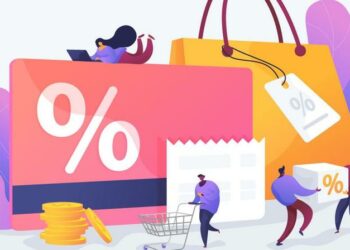 A series of cartoon people moving around next to shopping, credit cards and shop reward discounts