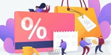 A series of cartoon people moving around next to shopping, credit cards and shop reward discounts