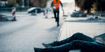 A workman running towards a member of the public whose fallen over paving work, presenting the possibllity of a public liability insurance claim