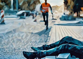 A workman running towards a member of the public whose fallen over paving work, presenting the possibllity of a public liability insurance claim