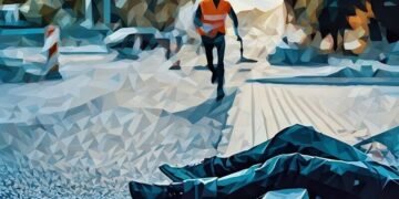 A workman running towards a member of the public whose fallen over paving work, presenting the possibllity of a public liability insurance claim