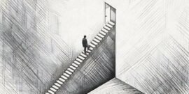 A business person walking up stairs to a truman style door in the wall, showing the clear way to go