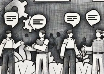 A group of people conversing with speech bubbles above them