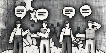 A group of people conversing with speech bubbles above them