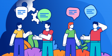 A group of people conversing with speech bubbles above them