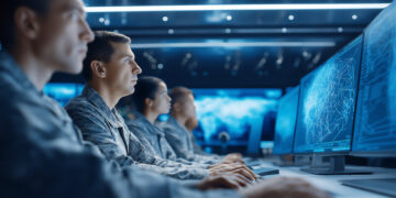 A line of cyber security workers in a GCHQ style office session, working to protect their organisation from cyber attacks