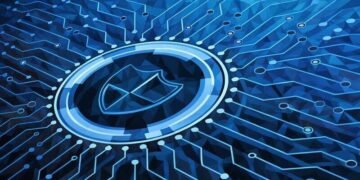 A shield in the center of digital wires as a symbol for cyber security
