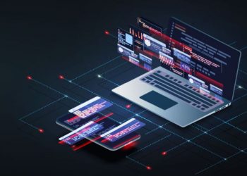 A computer with a visual representation of the coding and work that goes into building proprietary software