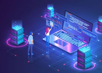 Graphic of web hosting on a computer with developers configuring it