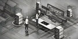 Graphic of web hosting on a computer with developers configuring it