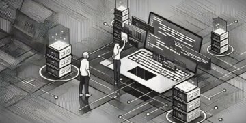 Graphic of web hosting on a computer with developers configuring it