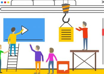 Team of cartoon builders making a website