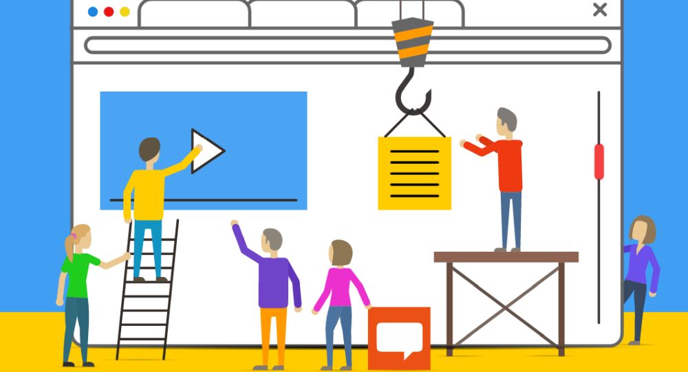Team of cartoon builders making a website