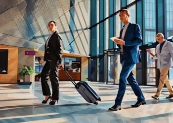 Business travellers walking through an airport with luggage