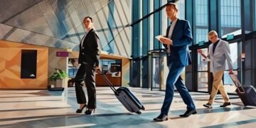 Business travellers walking through an airport with luggage