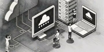 A miniature person using the cloud on a computer screen with a worker handling the server in the background