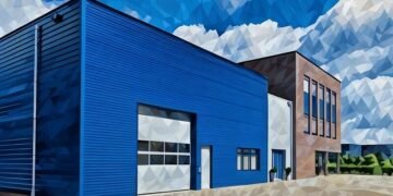 A blue warehouse rented out as a commercial property in an business park