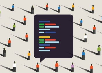 A group of figures contributing to a code base to develop open source software