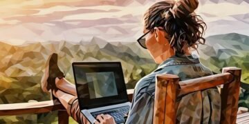 A business woman remote working on a balcony