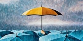 A persons hand holding a large umbrella above, blocking the rain, protecting from the rain as a metaphor for insurance can protect you or your business